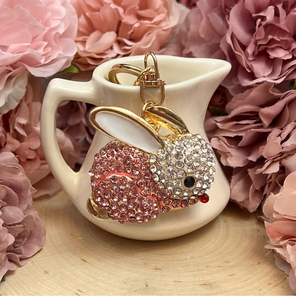 Pale Pink and Silver Crystal Bunny Rabbit Keychain Charm - Picture 2 of 12